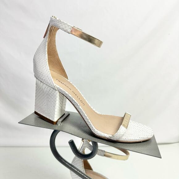 Tamara Mellon White & Gold Snakeskin Triangle Heel Sandals Size Eur 36.5/ US 6.5 - Picture 2 of 10
